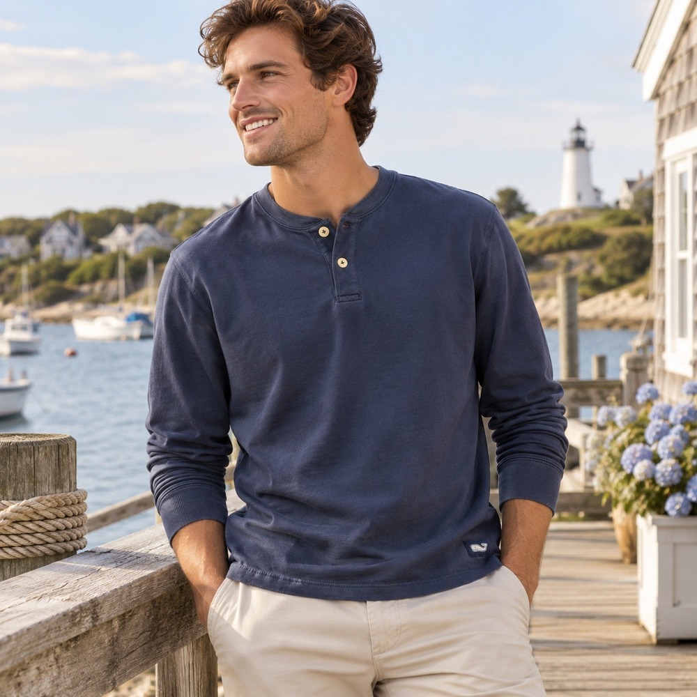 Vineyard Vines Henley Shirt Long Sleeve Cotton Preppy Coastal Navy Men's Small